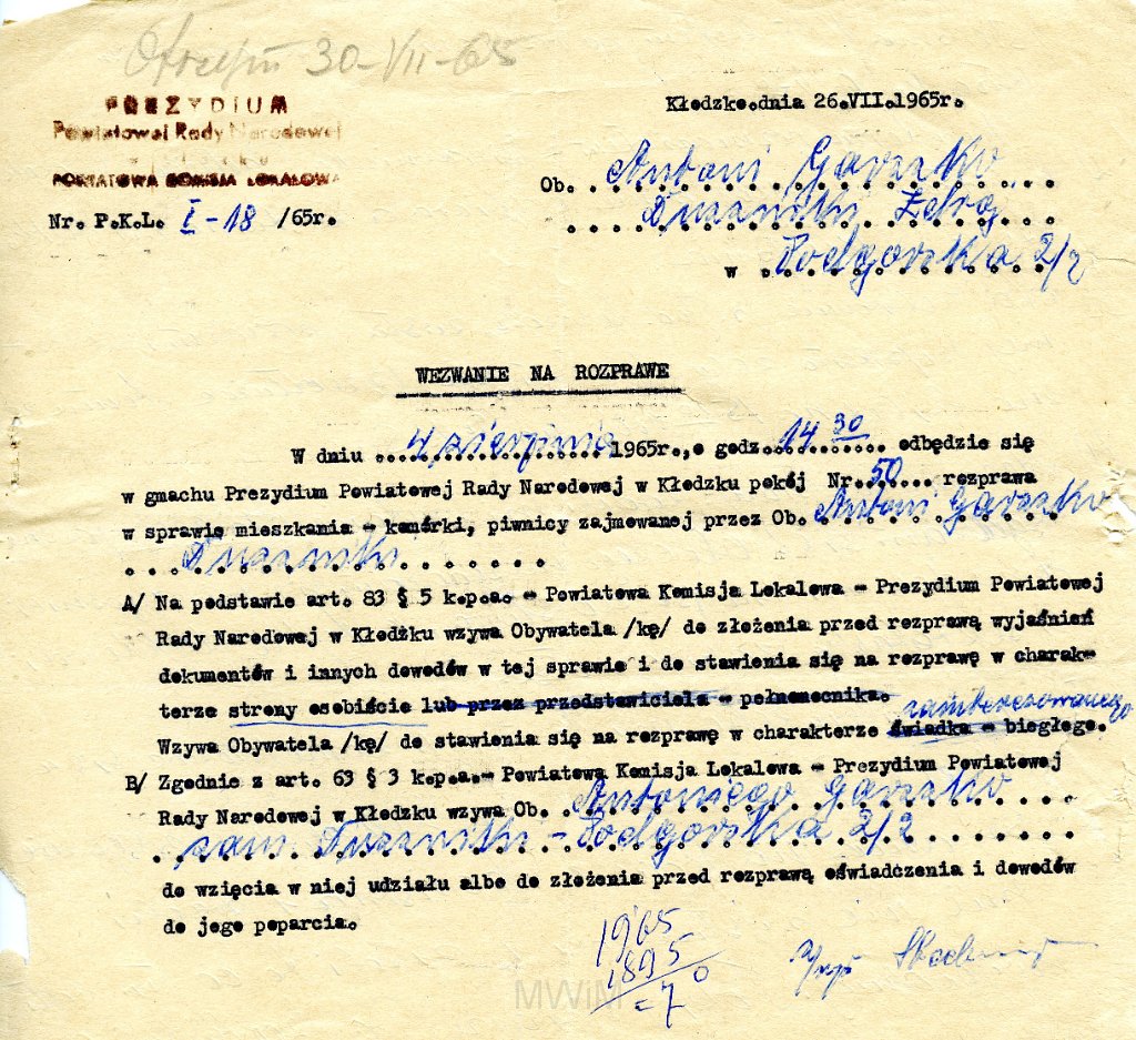 KKE 5870.jpg - Dok. Wezwanie na rozprawę wystawione przez Prezydium Miejskiej Rady Narodowej dla Antoniego Graszko, Kłodzko, 26 VII 1965 r.